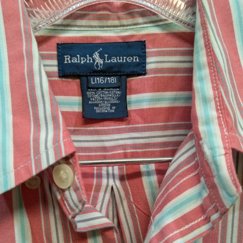 0529 Ralph Lauren Pink and White Striped Button-Down Cotton Shirt